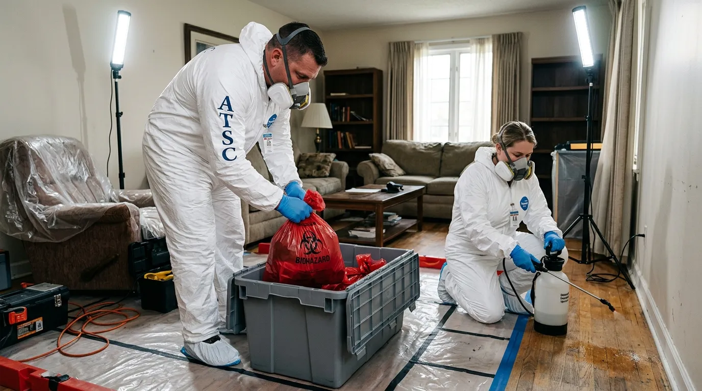 Professional Biohazard Cleanup technician in full PPE working in Chevy Chase